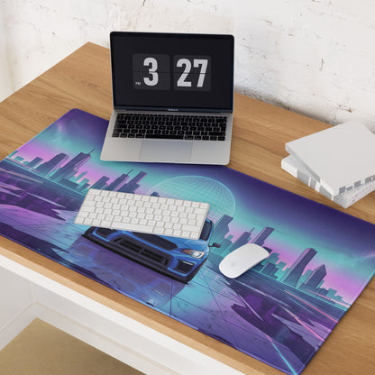 Subaru WRX STI VA Inspired Blue Purple Vaporwave Gaming Mouse Pad, Neon JDM Rally Car Desk Mat with Retro Futuristic City Reflection Artwork