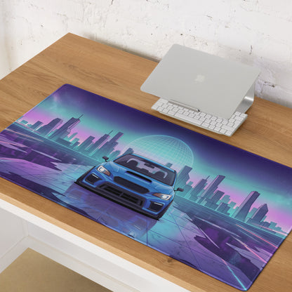 Subaru WRX STI VA Inspired Blue Purple Vaporwave Gaming Mouse Pad, Neon JDM Rally Car Desk Mat with Retro Futuristic City Reflection Artwork