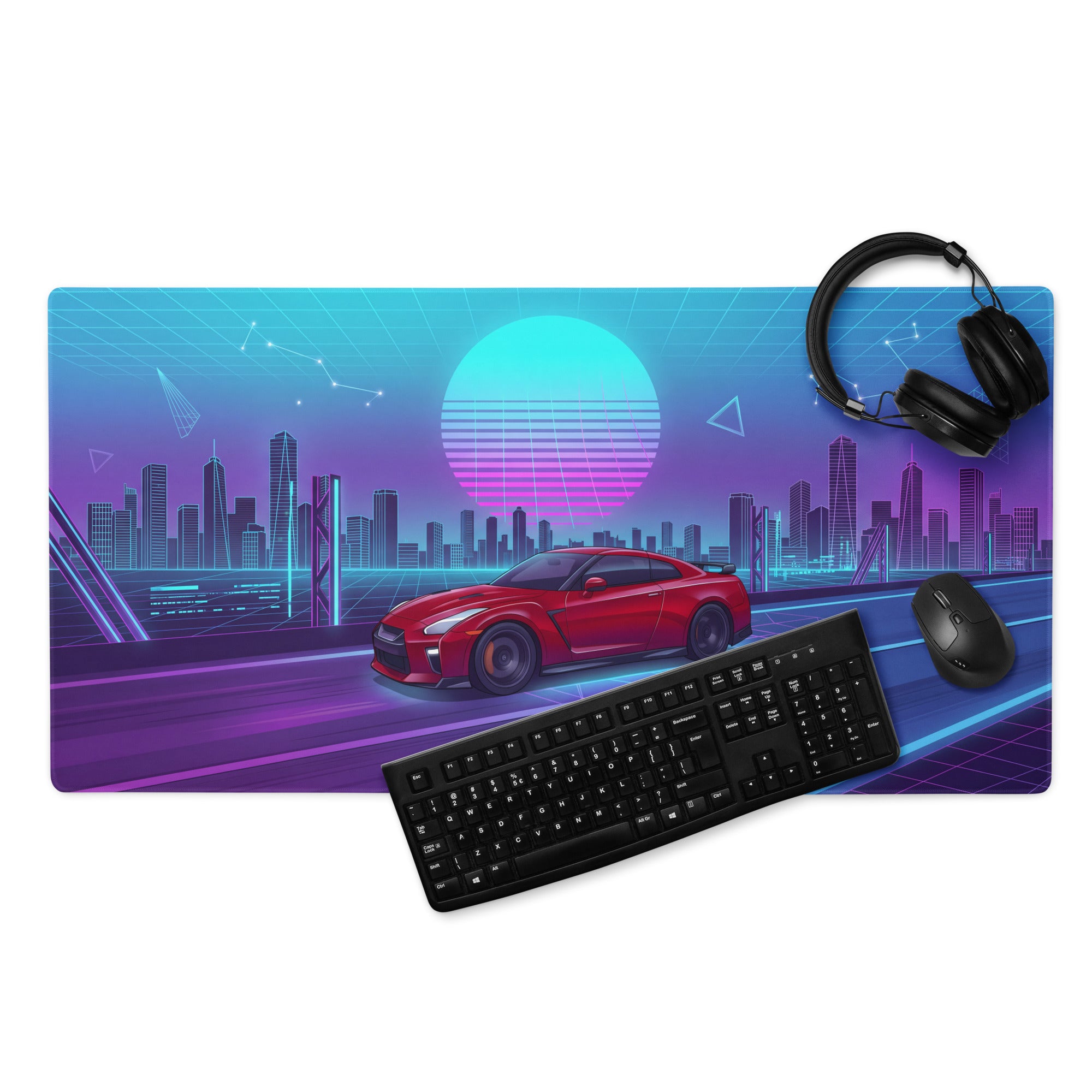 Nissan GT-R R35 Inspired Red Blue Vaporwave Gaming Mouse Pad, Neon JDM Supercar Desk Mat with Retro Futuristic Cyber City Artwork