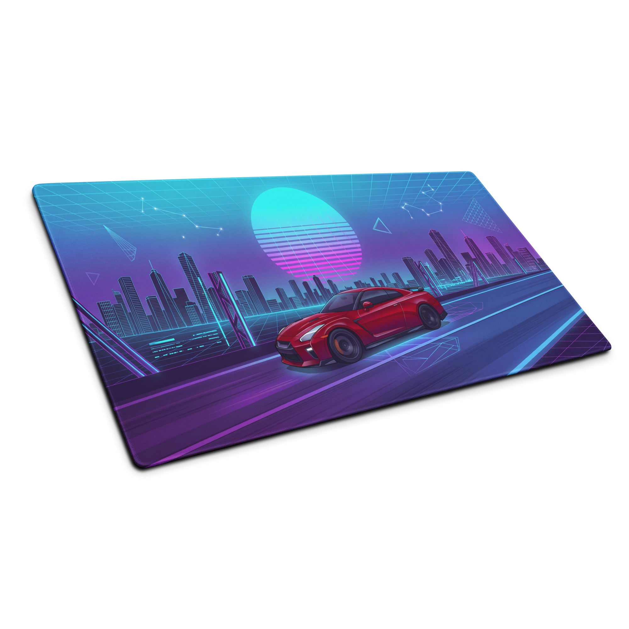 Nissan GT-R R35 Inspired Red Blue Vaporwave Gaming Mouse Pad, Neon JDM Supercar Desk Mat with Retro Futuristic Cyber City Artwork