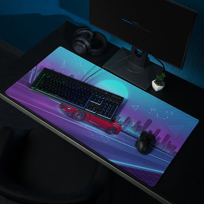 Nissan GT-R R35 Inspired Red Blue Vaporwave Gaming Mouse Pad, Neon JDM Supercar Desk Mat with Retro Futuristic Cyber City Artwork