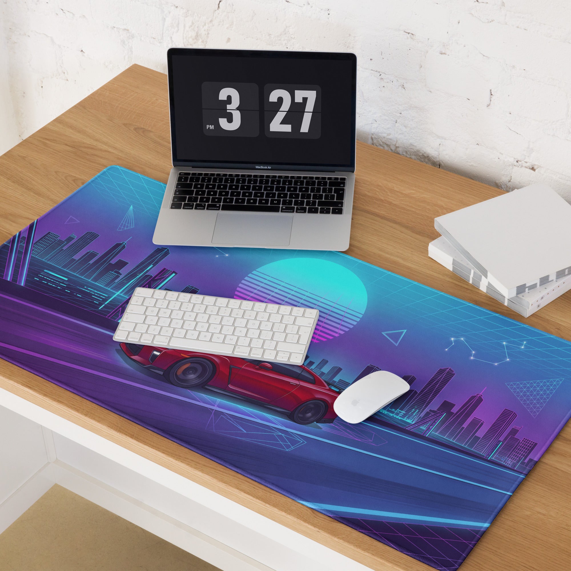 Nissan GT-R R35 Inspired Red Blue Vaporwave Gaming Mouse Pad, Neon JDM Supercar Desk Mat with Retro Futuristic Cyber City Artwork
