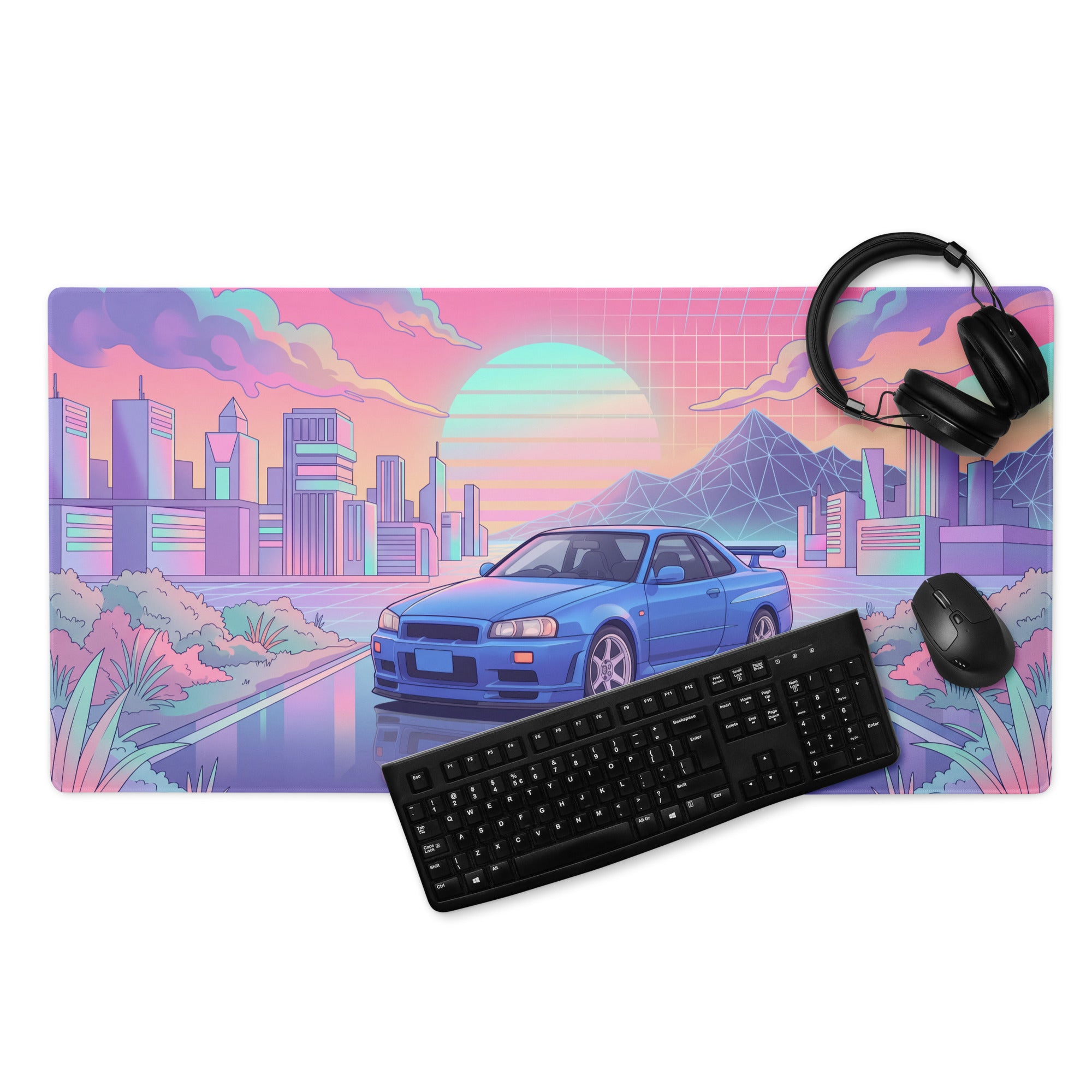Nissan Skyline GT-R R34 Inspired Blue Pink Vaporwave Gaming Mouse Pad, Neon JDM Sports Car Desk Mat with Retro Futuristic City Sunset Artwork