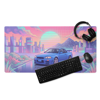 Nissan Skyline GT-R R34 Inspired Blue Pink Vaporwave Gaming Mouse Pad, Neon JDM Sports Car Desk Mat with Retro Futuristic City Sunset Artwork