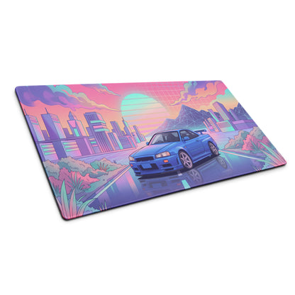 Nissan Skyline GT-R R34 Inspired Blue Pink Vaporwave Gaming Mouse Pad, Neon JDM Sports Car Desk Mat with Retro Futuristic City Sunset Artwork