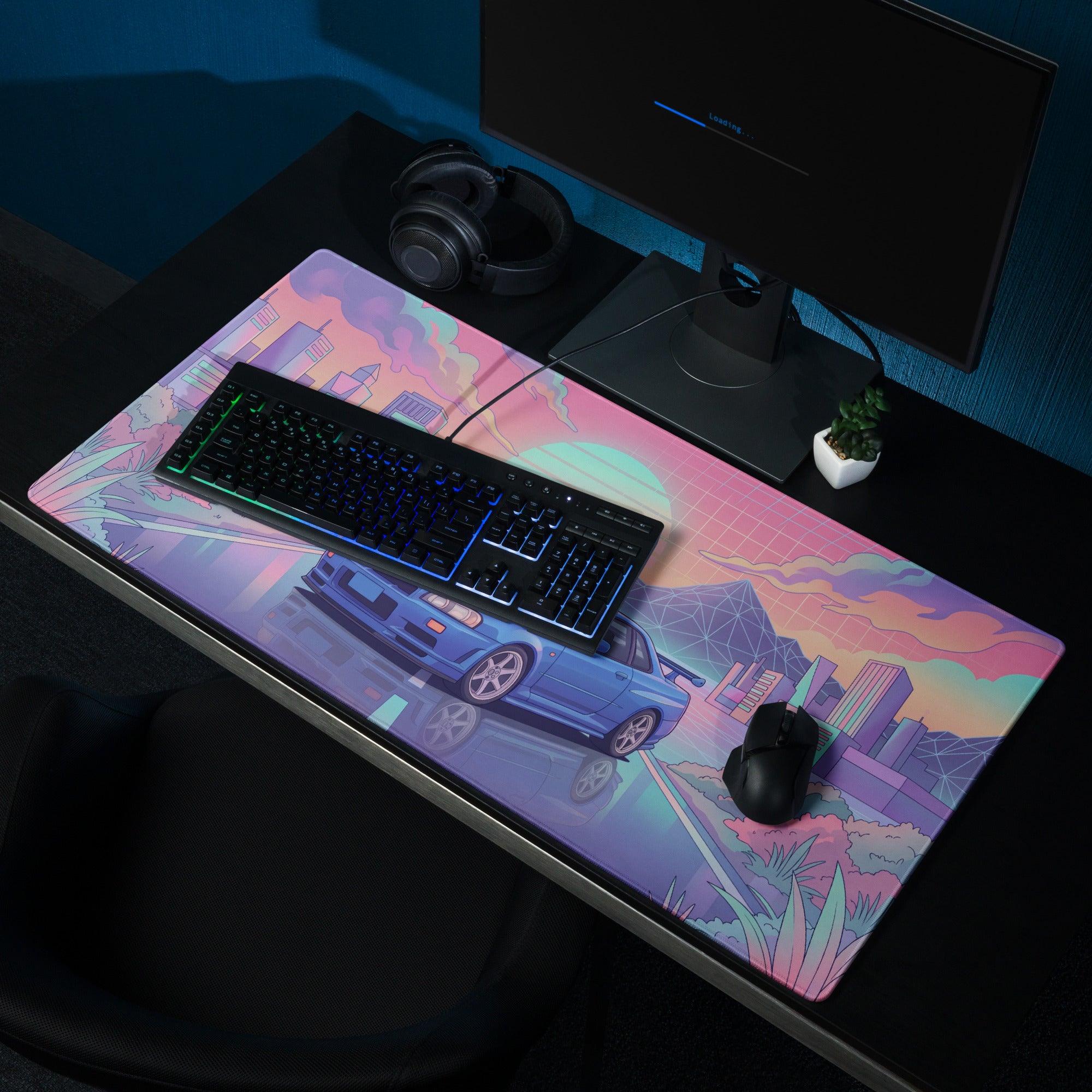 Nissan Skyline GT-R R34 Inspired Blue Pink Vaporwave Gaming Mouse Pad, Neon JDM Sports Car Desk Mat with Retro Futuristic City Sunset Artwork