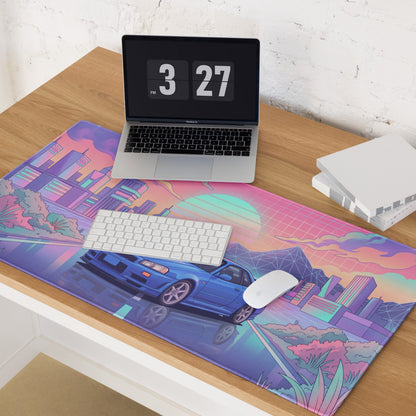 Nissan Skyline GT-R R34 Inspired Blue Pink Vaporwave Gaming Mouse Pad, Neon JDM Sports Car Desk Mat with Retro Futuristic City Sunset Artwork
