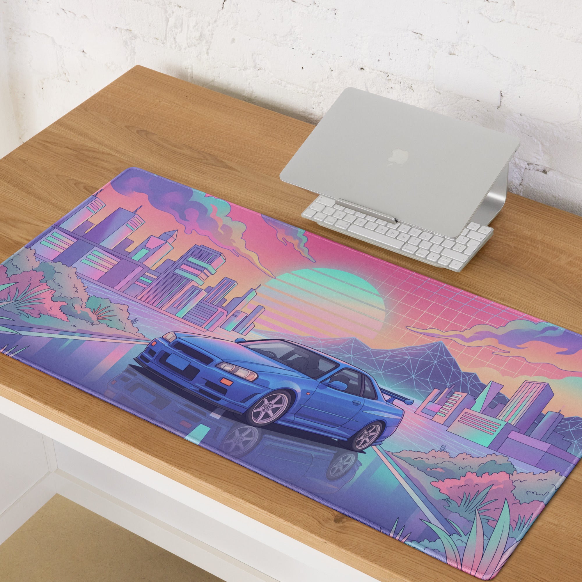 Nissan Skyline GT-R R34 Inspired Blue Pink Vaporwave Gaming Mouse Pad, Neon JDM Sports Car Desk Mat with Retro Futuristic City Sunset Artwork