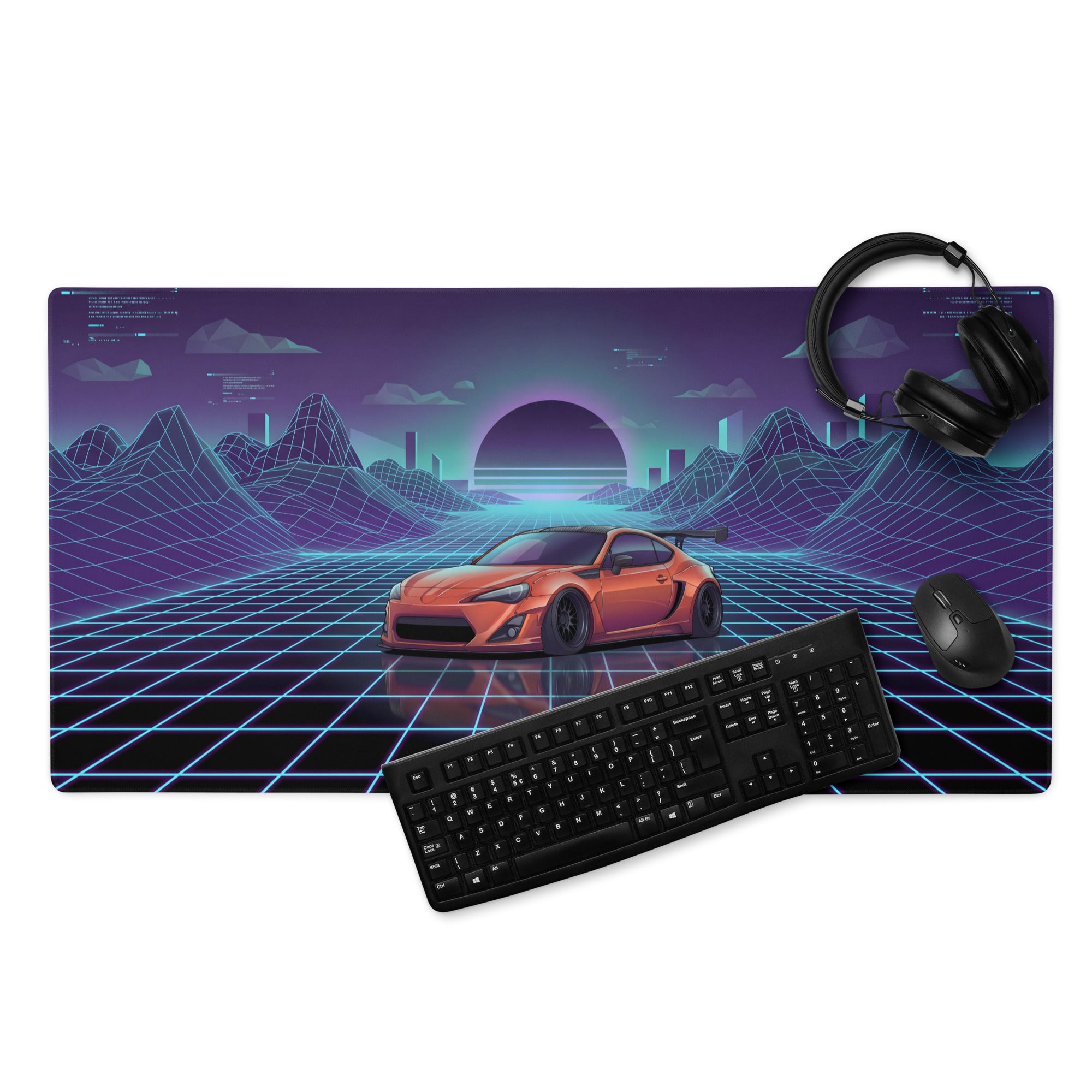 Toyota 86 Inspired Orange Blue Vaporwave Gaming Mouse Pad, Neon JDM Sports Car Desk Mat with Retro Futuristic Cyber Grid Mountain Artwork