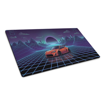 Toyota 86 Inspired Orange Blue Vaporwave Gaming Mouse Pad, Neon JDM Sports Car Desk Mat with Retro Futuristic Cyber Grid Mountain Artwork