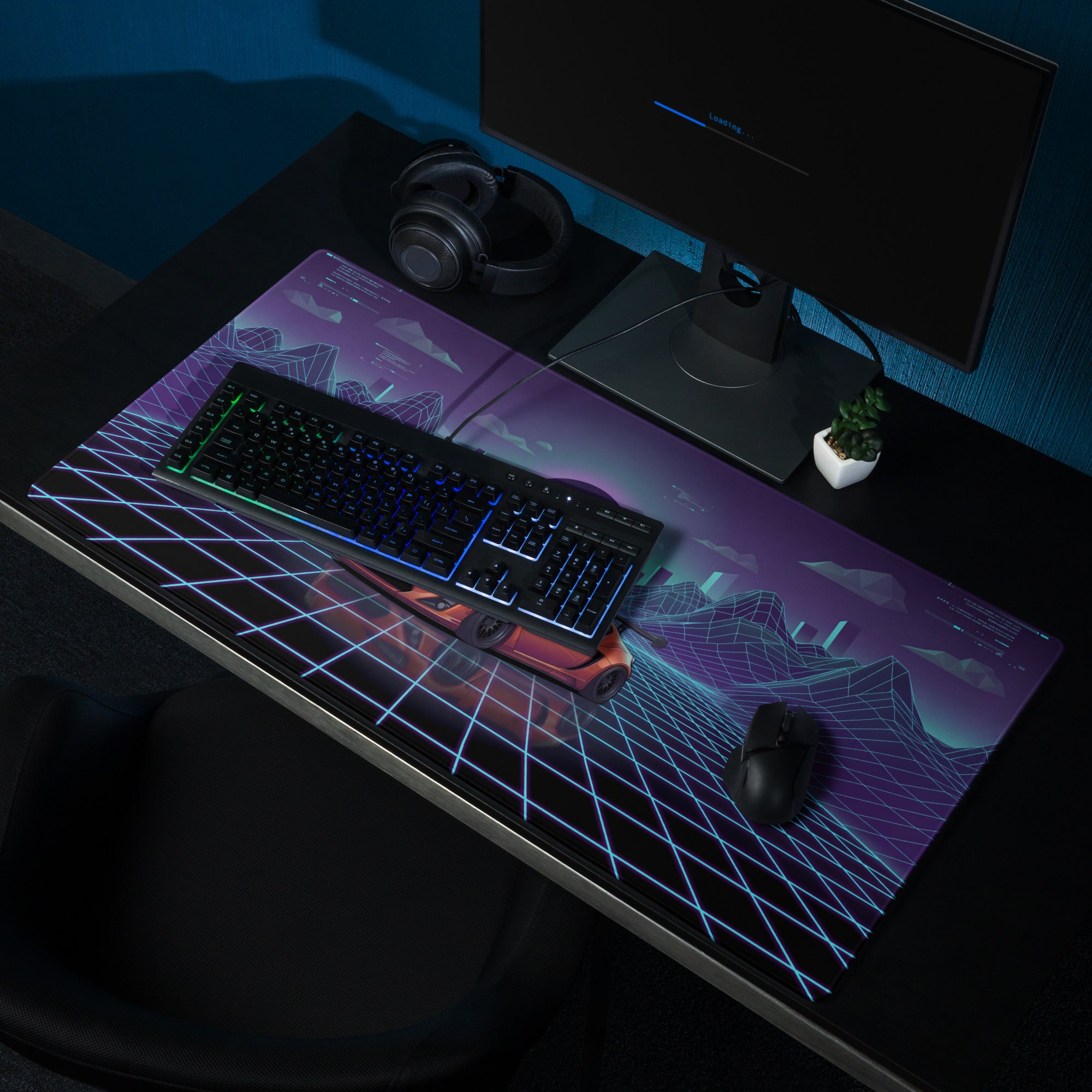 Toyota 86 Inspired Orange Blue Vaporwave Gaming Mouse Pad, Neon JDM Sports Car Desk Mat with Retro Futuristic Cyber Grid Mountain Artwork