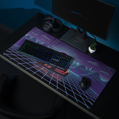 Toyota 86 Inspired Orange Blue Vaporwave Gaming Mouse Pad, Neon JDM Sports Car Desk Mat with Retro Futuristic Cyber Grid Mountain Artwork