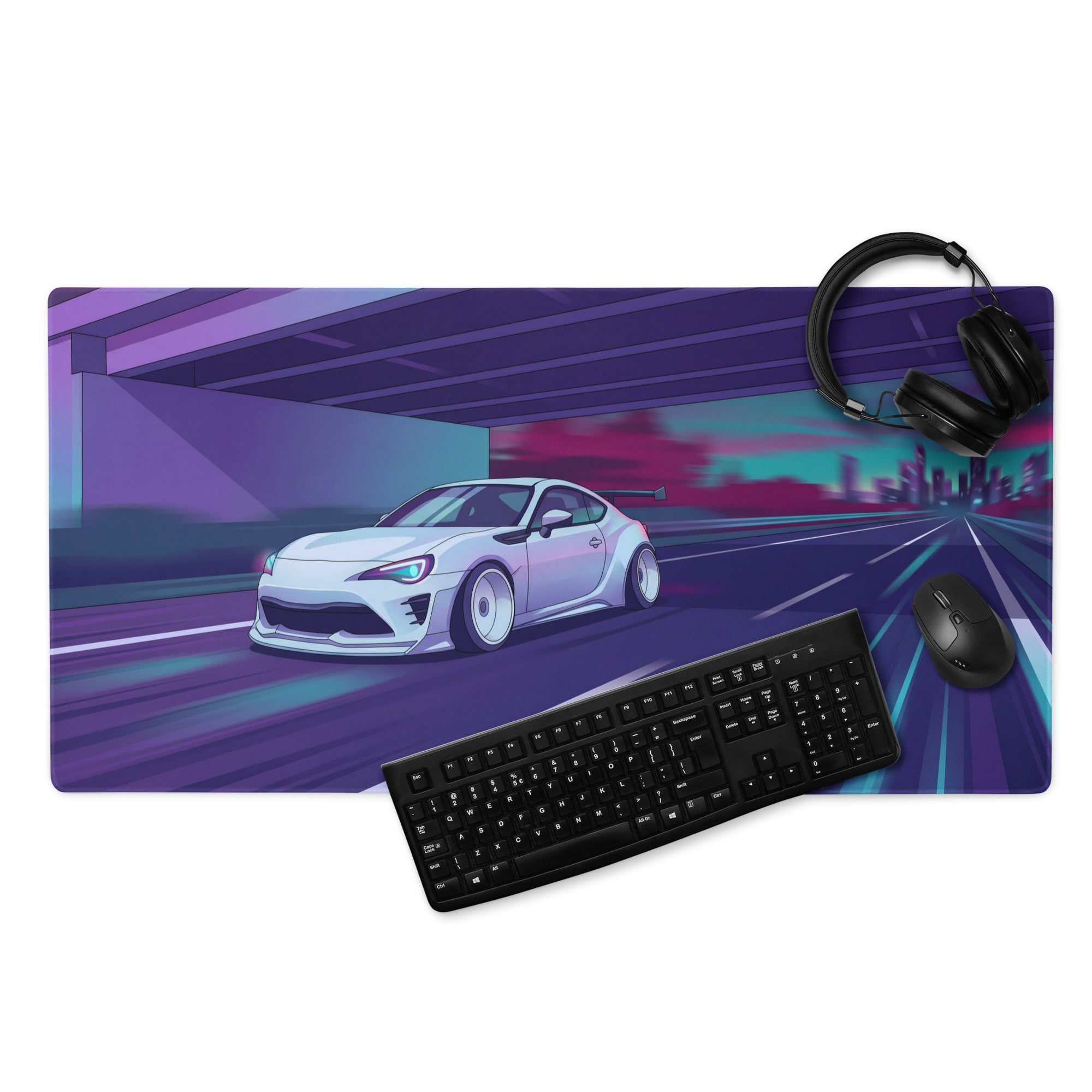 Toyota 86 Inspired White Purple Vaporwave Gaming Mouse Pad, Neon JDM Sports Car Desk Mat with Retro Futuristic Highway City Artwork