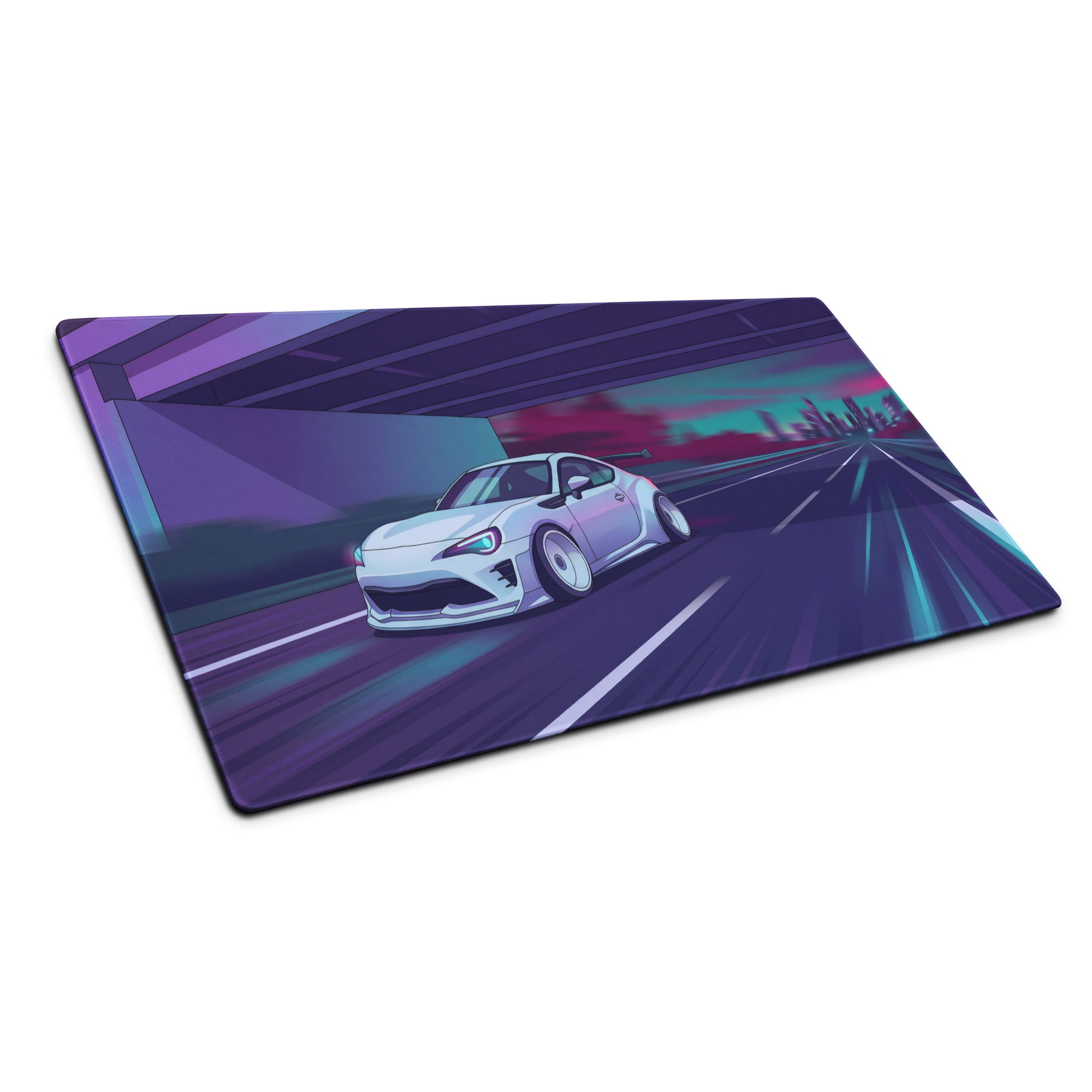 Toyota 86 Inspired White Purple Vaporwave Gaming Mouse Pad, Neon JDM Sports Car Desk Mat with Retro Futuristic Highway City Artwork