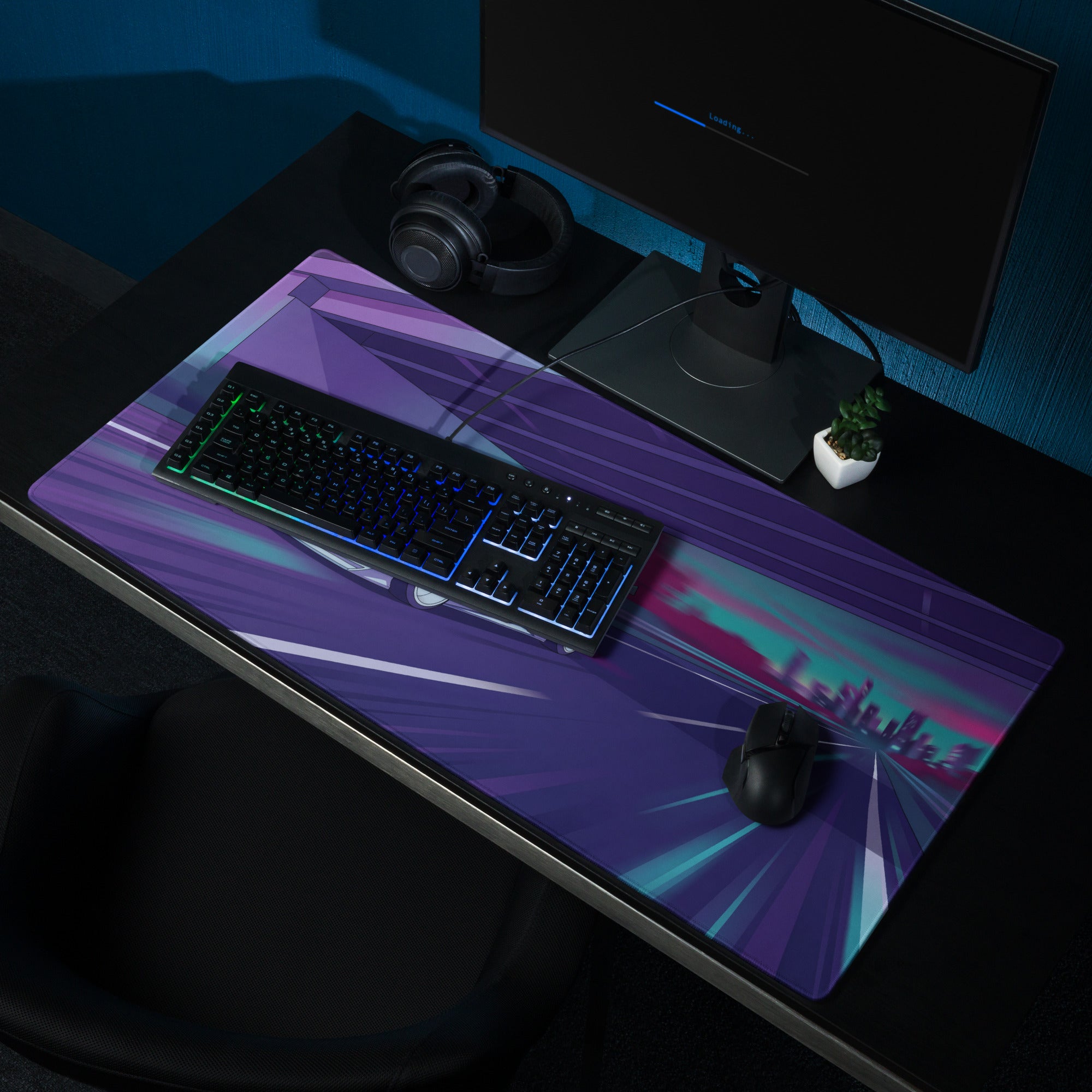 Toyota 86 Inspired White Purple Vaporwave Gaming Mouse Pad, Neon JDM Sports Car Desk Mat with Retro Futuristic Highway City Artwork