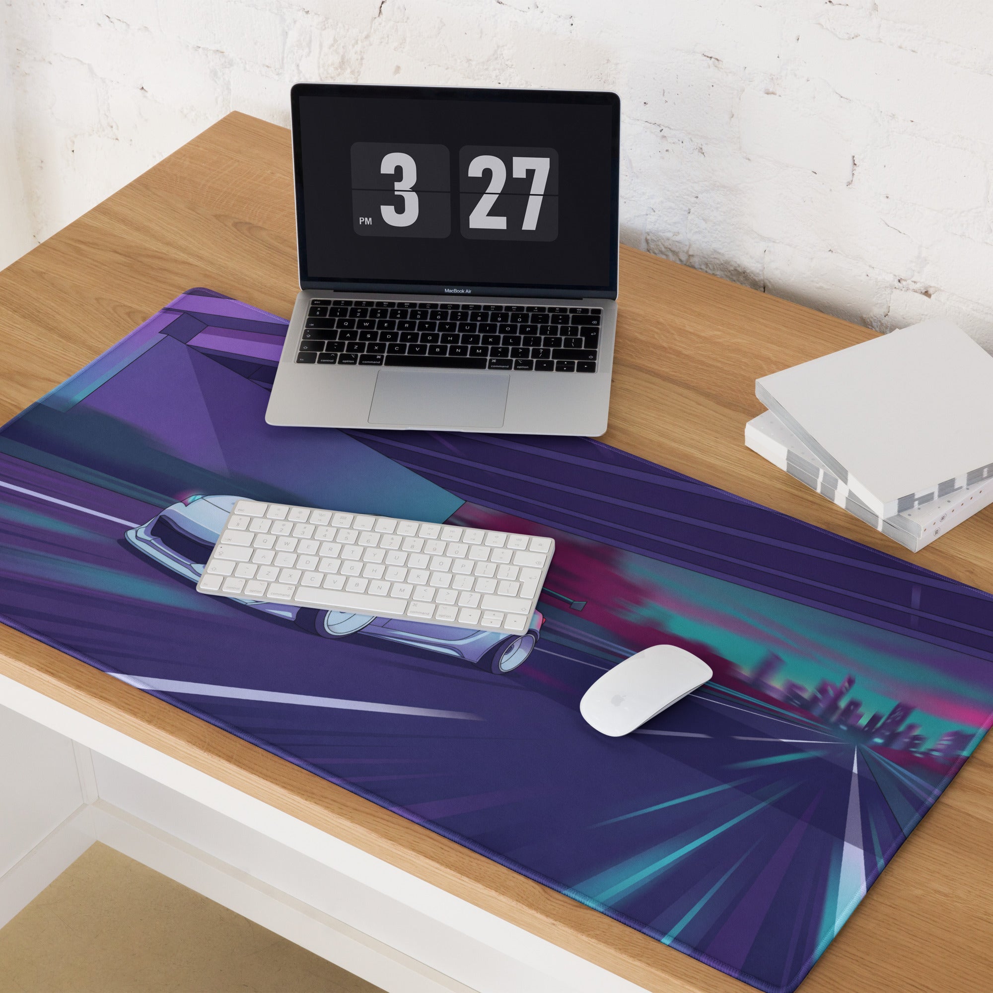 Toyota 86 Inspired White Purple Vaporwave Gaming Mouse Pad, Neon JDM Sports Car Desk Mat with Retro Futuristic Highway City Artwork