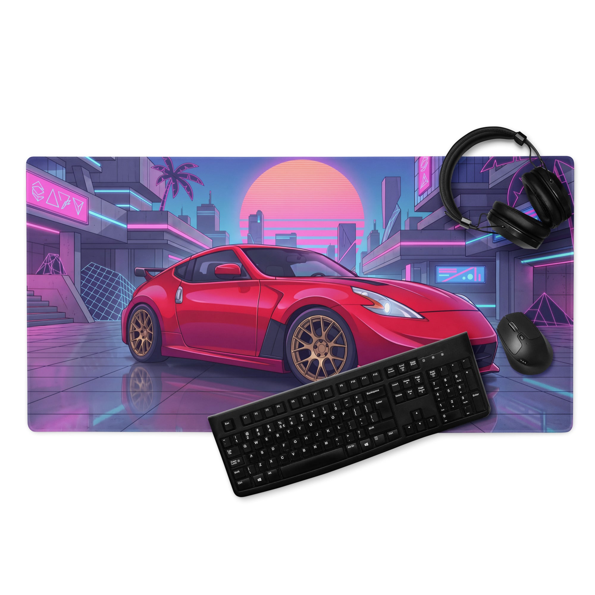 Nissan 370Z Z34 Inspired Red Pink Vaporwave Gaming Mouse Pad, Neon JDM Sports Car Desk Mat with Retro Futuristic Cyber City Artwork