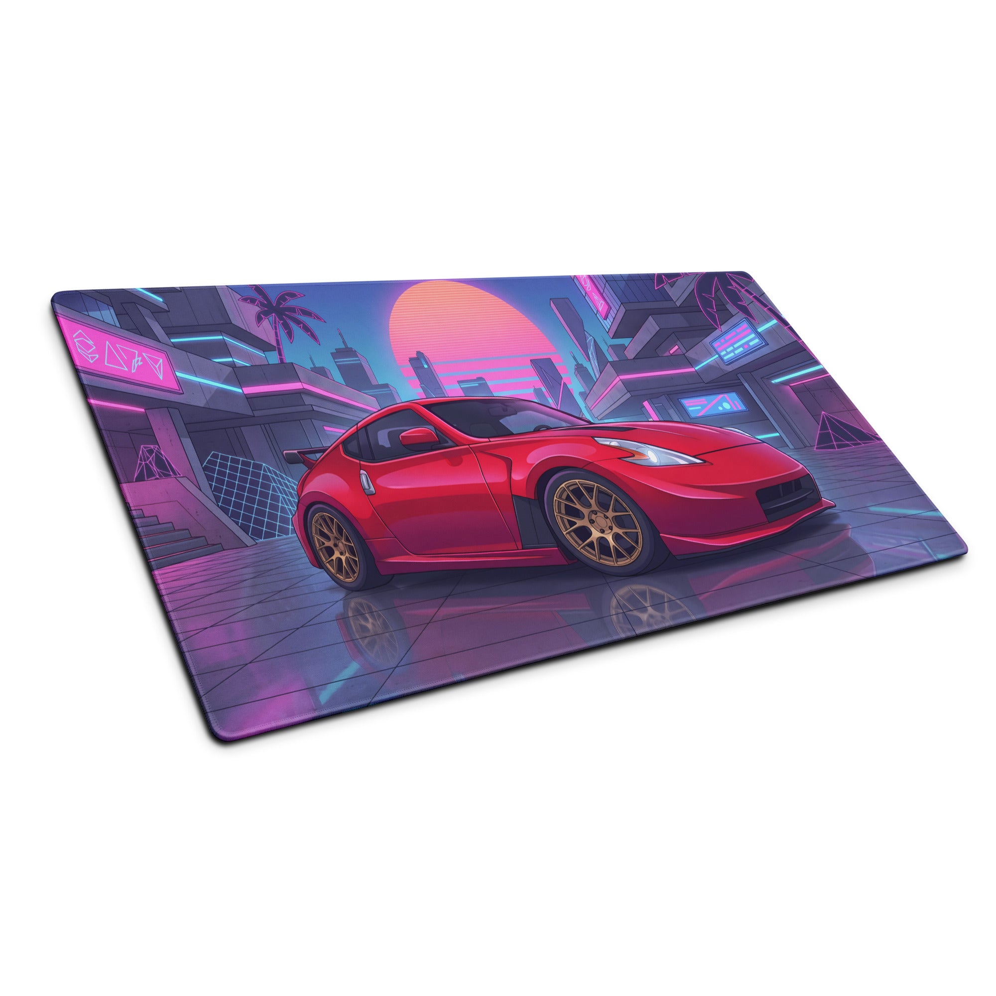 Nissan 370Z Z34 Inspired Red Pink Vaporwave Gaming Mouse Pad, Neon JDM Sports Car Desk Mat with Retro Futuristic Cyber City Artwork
