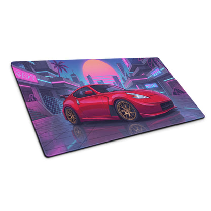 Nissan 370Z Z34 Inspired Red Pink Vaporwave Gaming Mouse Pad, Neon JDM Sports Car Desk Mat with Retro Futuristic Cyber City Artwork