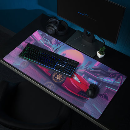 Nissan 370Z Z34 Inspired Red Pink Vaporwave Gaming Mouse Pad, Neon JDM Sports Car Desk Mat with Retro Futuristic Cyber City Artwork