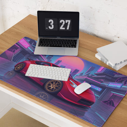 Nissan 370Z Z34 Inspired Red Pink Vaporwave Gaming Mouse Pad, Neon JDM Sports Car Desk Mat with Retro Futuristic Cyber City Artwork