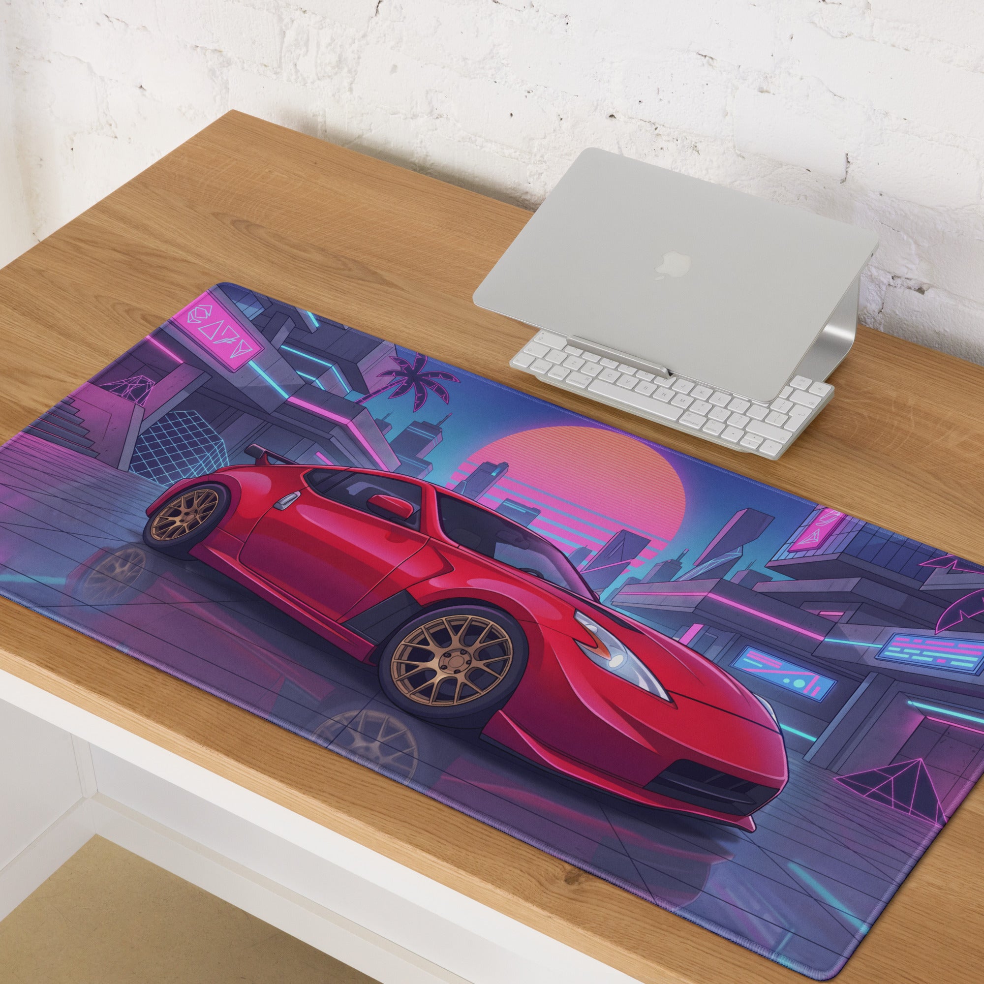 Nissan 370Z Z34 Inspired Red Pink Vaporwave Gaming Mouse Pad, Neon JDM Sports Car Desk Mat with Retro Futuristic Cyber City Artwork