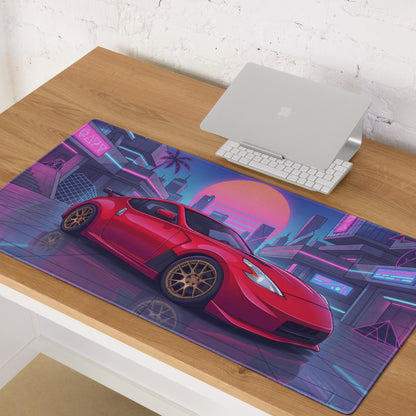 Nissan 370Z Z34 Inspired Red Pink Vaporwave Gaming Mouse Pad, Neon JDM Sports Car Desk Mat with Retro Futuristic Cyber City Artwork