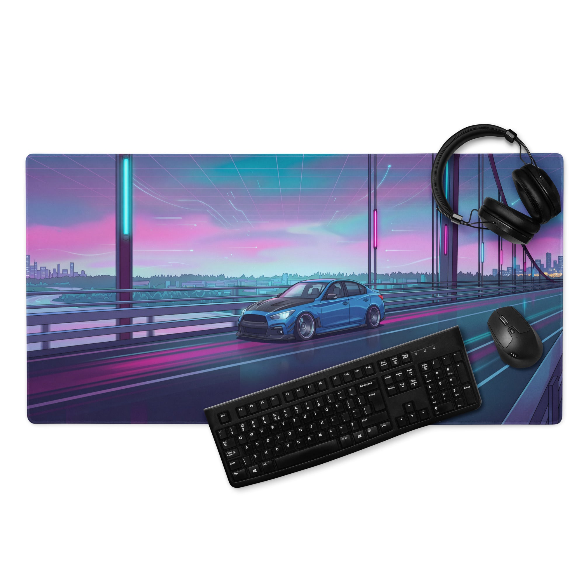 Infiniti Q50 Inspired Blue Pink Vaporwave Gaming Mouse Pad, Neon Japanese Luxury Sports Sedan Desk Mat with Retro Futuristic Bridge Artwork