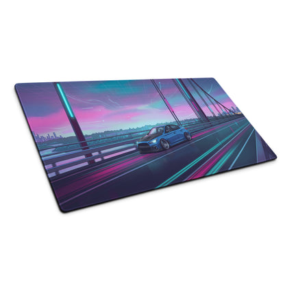 Infiniti Q50 Inspired Blue Pink Vaporwave Gaming Mouse Pad, Neon Japanese Luxury Sports Sedan Desk Mat with Retro Futuristic Bridge Artwork