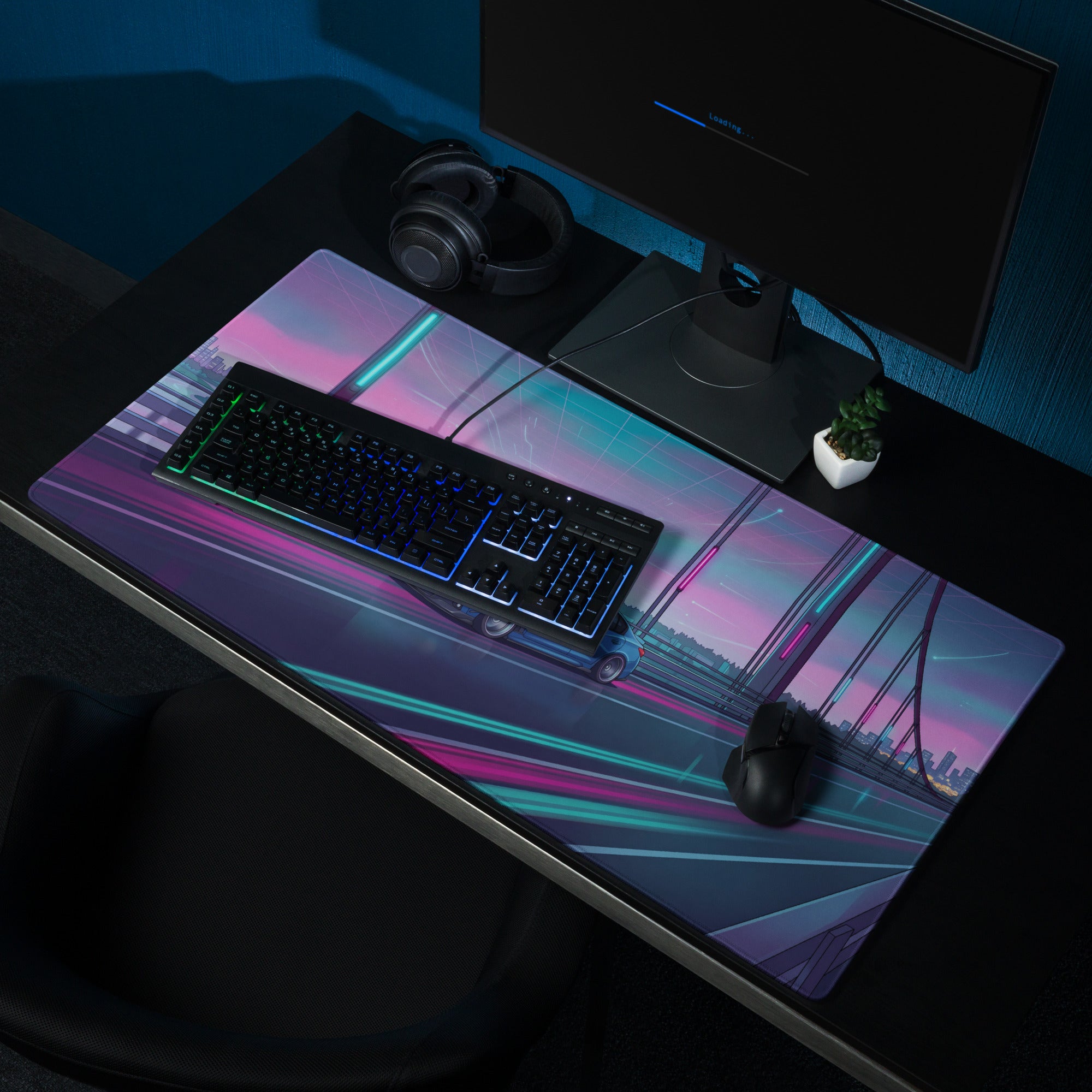 Infiniti Q50 Inspired Blue Pink Vaporwave Gaming Mouse Pad, Neon Japanese Luxury Sports Sedan Desk Mat with Retro Futuristic Bridge Artwork