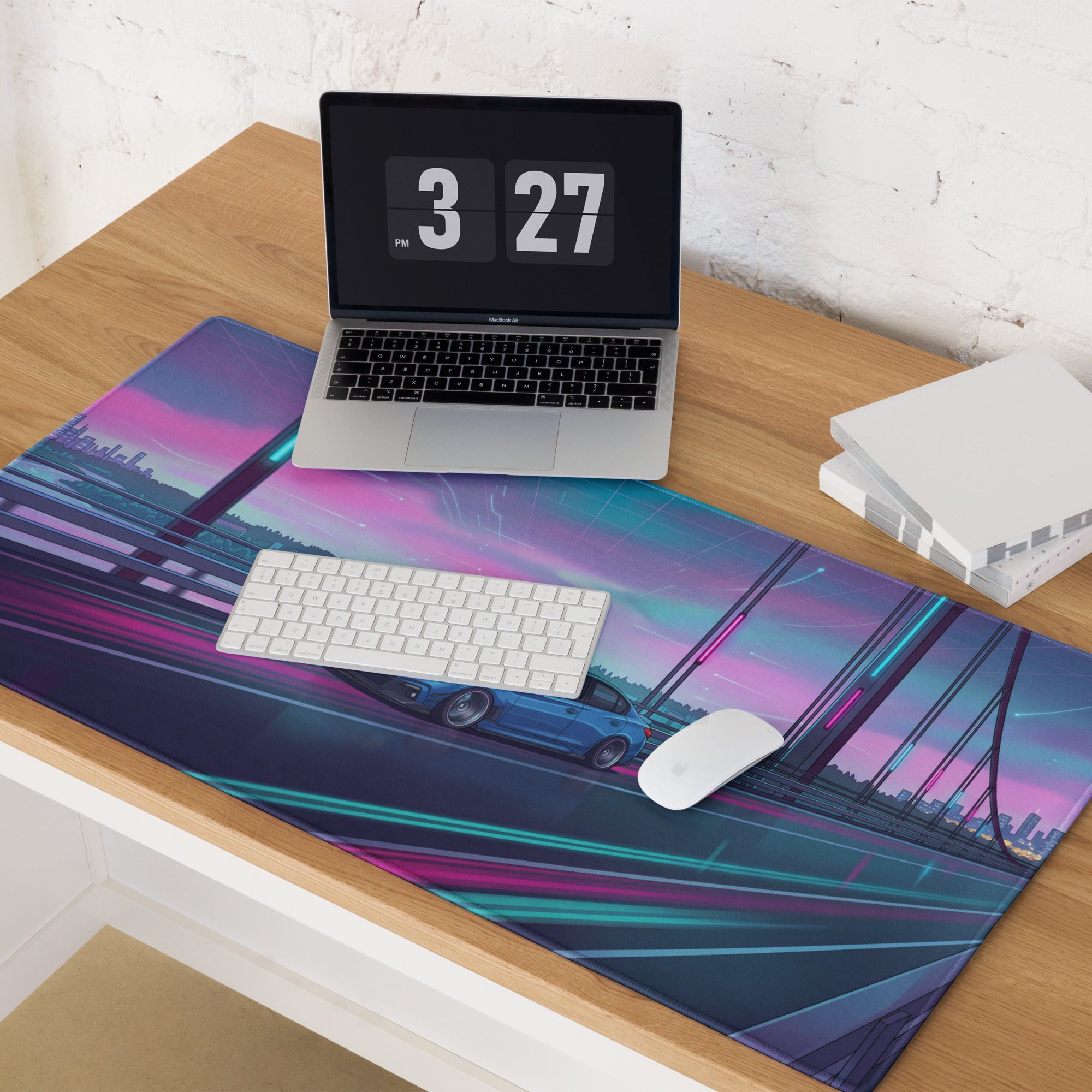 Infiniti Q50 Inspired Blue Pink Vaporwave Gaming Mouse Pad, Neon Japanese Luxury Sports Sedan Desk Mat with Retro Futuristic Bridge Artwork