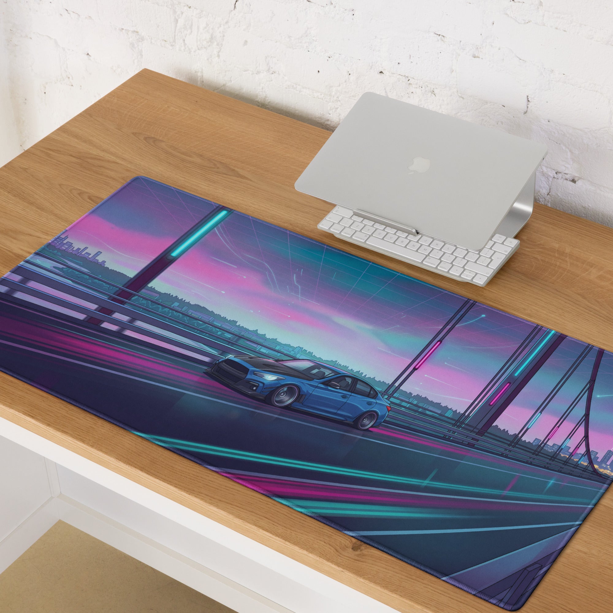 Infiniti Q50 Inspired Blue Pink Vaporwave Gaming Mouse Pad, Neon Japanese Luxury Sports Sedan Desk Mat with Retro Futuristic Bridge Artwork