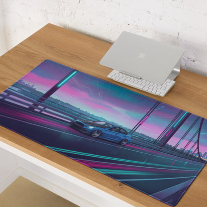 Infiniti Q50 Inspired Blue Pink Vaporwave Gaming Mouse Pad, Neon Japanese Luxury Sports Sedan Desk Mat with Retro Futuristic Bridge Artwork