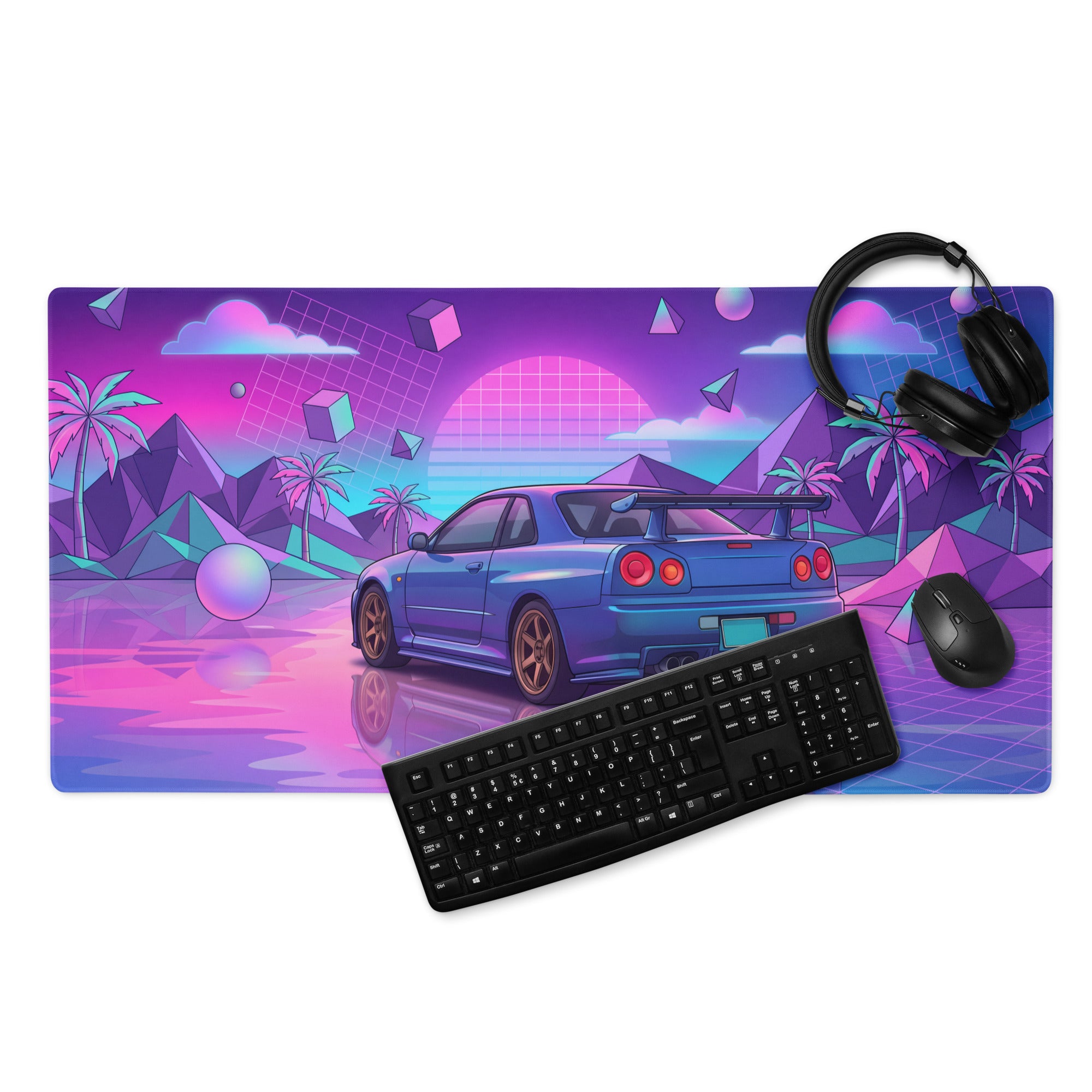 Nissan Skyline GT-R R34 Inspired Blue Pink Vaporwave Gaming Mouse Pad, Neon JDM Sports Car Desk Mat with Retro Futuristic Tropical Grid Artwork