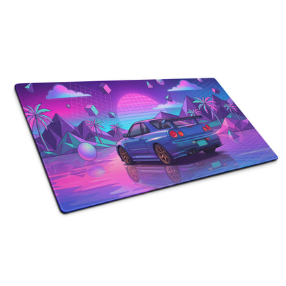 Nissan Skyline GT-R R34 Inspired Blue Pink Vaporwave Gaming Mouse Pad, Neon JDM Sports Car Desk Mat with Retro Futuristic Tropical Grid Artwork