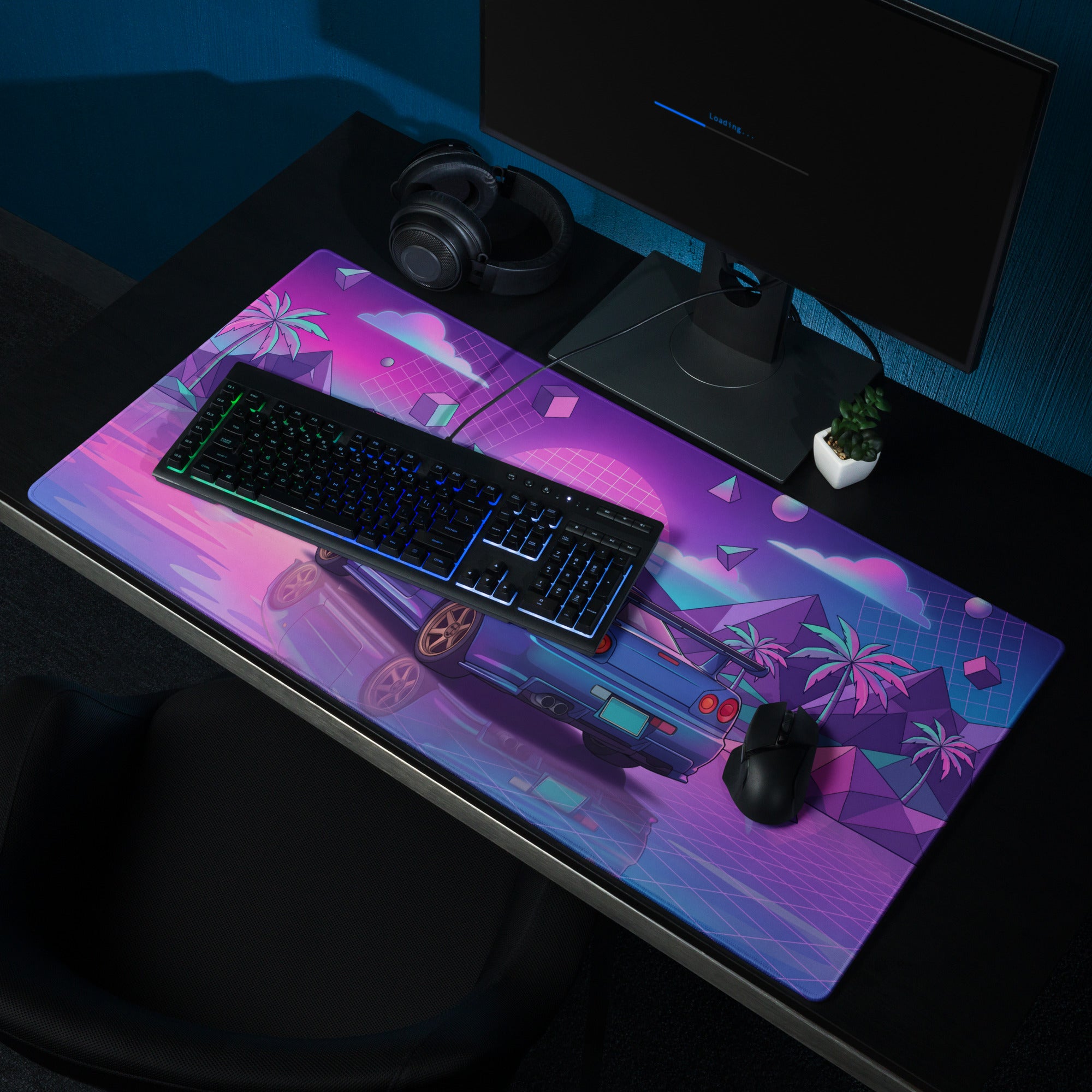 Nissan Skyline GT-R R34 Inspired Blue Pink Vaporwave Gaming Mouse Pad, Neon JDM Sports Car Desk Mat with Retro Futuristic Tropical Grid Artwork