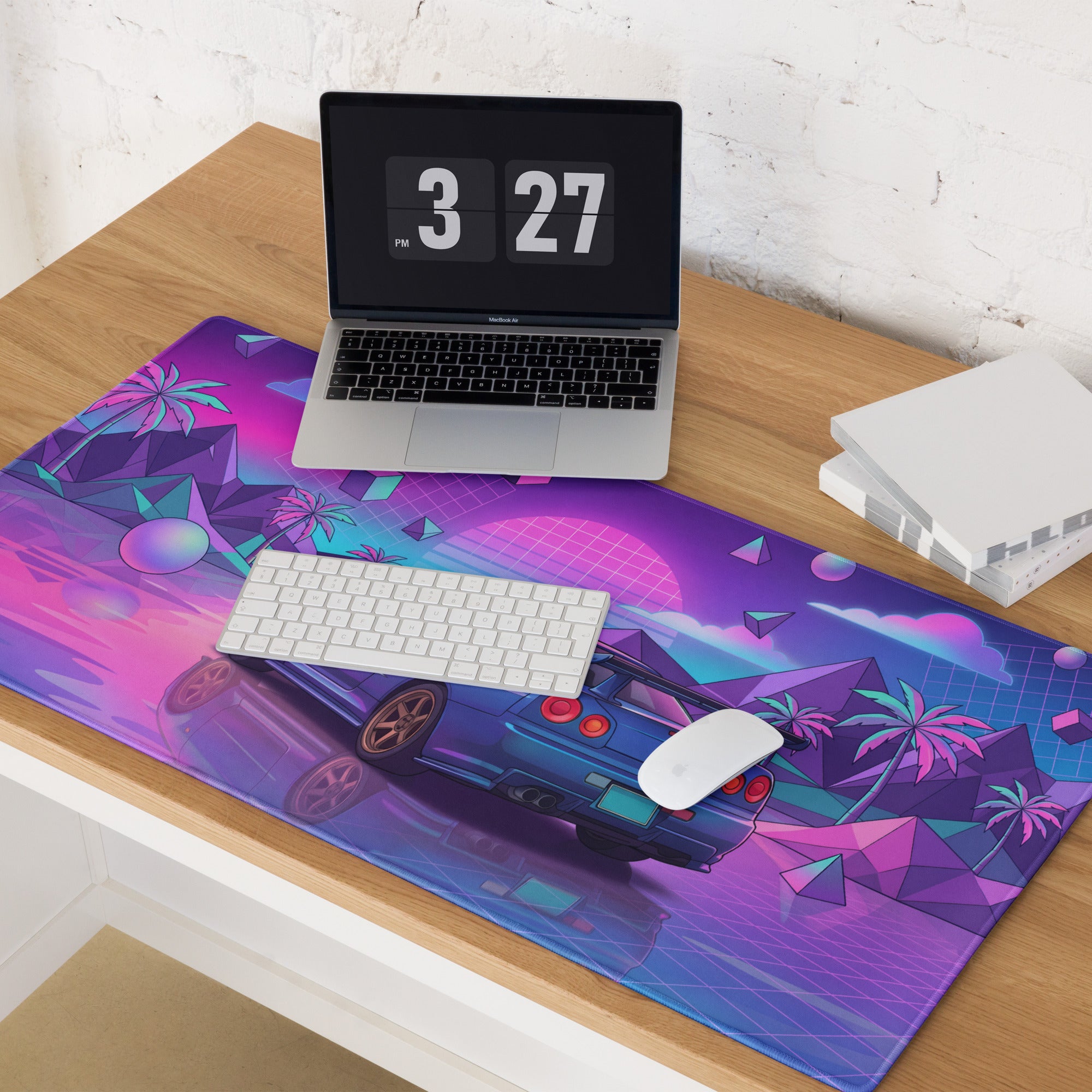 Nissan Skyline GT-R R34 Inspired Blue Pink Vaporwave Gaming Mouse Pad, Neon JDM Sports Car Desk Mat with Retro Futuristic Tropical Grid Artwork