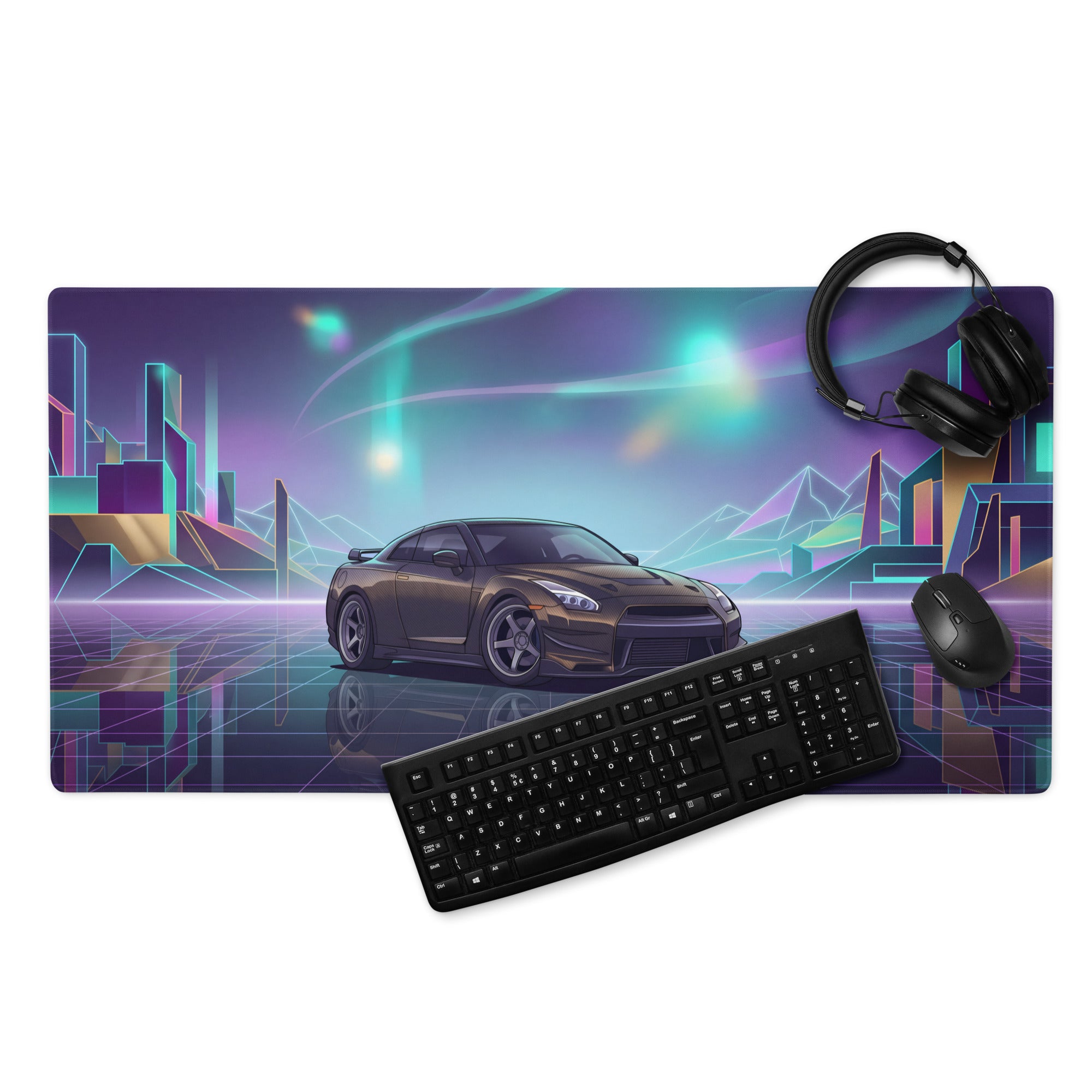 Nissan GT-R R35 Inspired Bronze Purple Vaporwave Gaming Mouse Pad, Neon JDM Supercar Desk Mat with Retro Futuristic Cyber City Artwork
