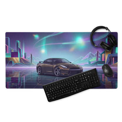 Nissan GT-R R35 Inspired Bronze Purple Vaporwave Gaming Mouse Pad, Neon JDM Supercar Desk Mat with Retro Futuristic Cyber City Artwork