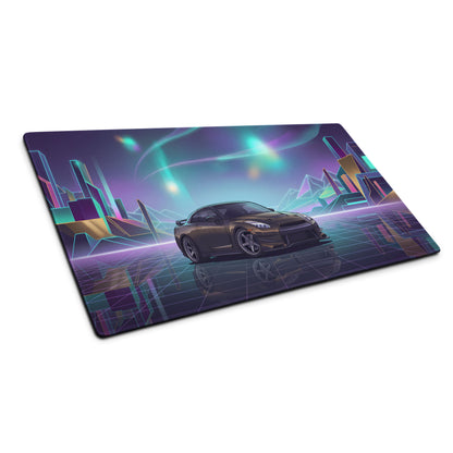 Nissan GT-R R35 Inspired Bronze Purple Vaporwave Gaming Mouse Pad, Neon JDM Supercar Desk Mat with Retro Futuristic Cyber City Artwork