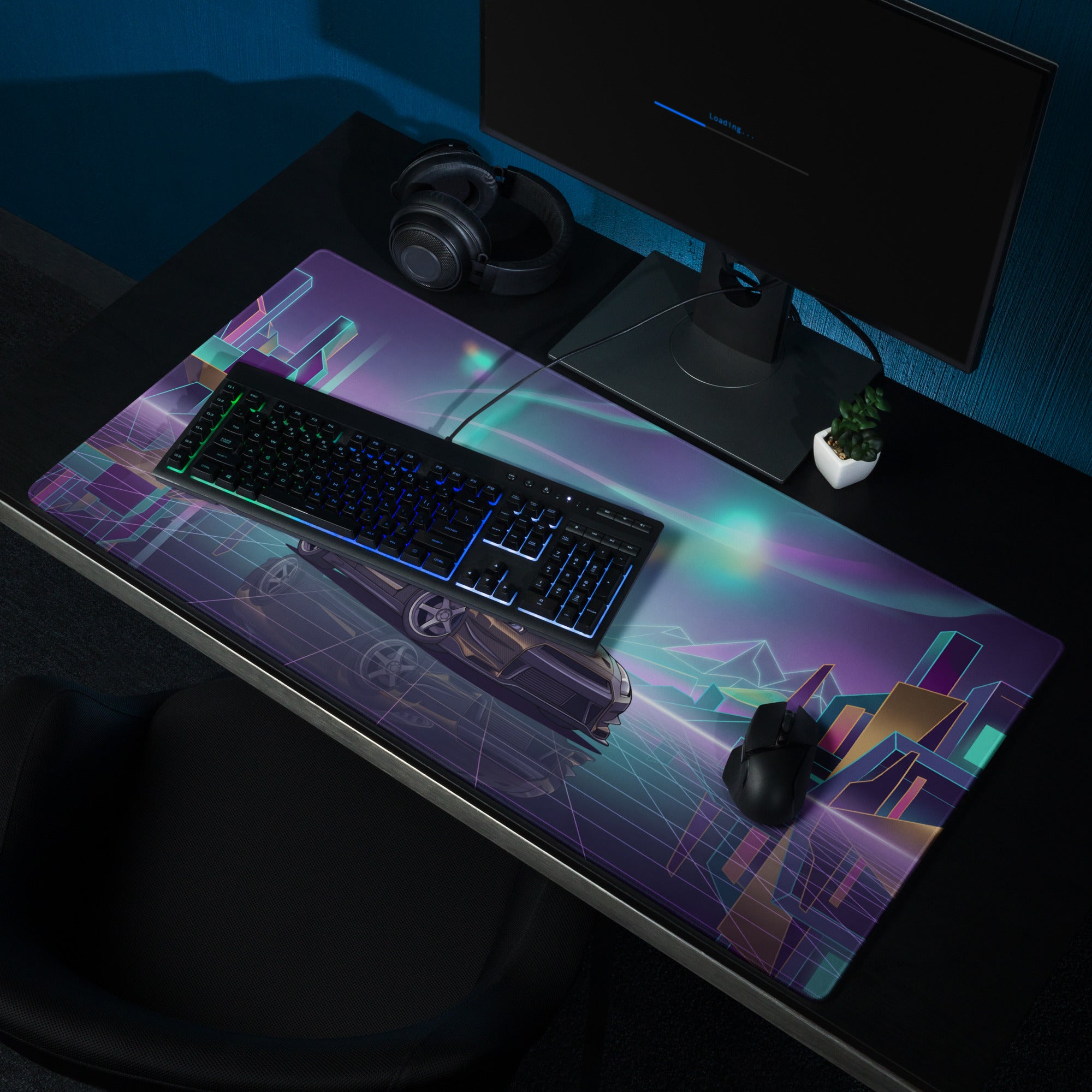 Nissan GT-R R35 Inspired Bronze Purple Vaporwave Gaming Mouse Pad, Neon JDM Supercar Desk Mat with Retro Futuristic Cyber City Artwork
