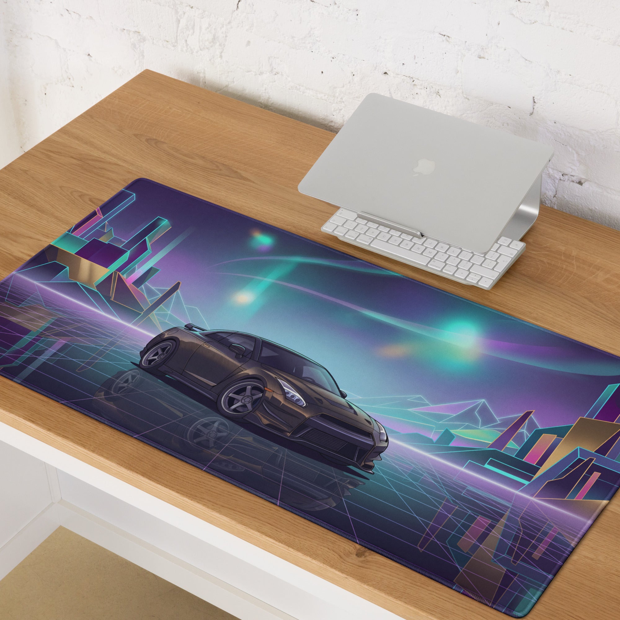 Nissan GT-R R35 Inspired Bronze Purple Vaporwave Gaming Mouse Pad, Neon JDM Supercar Desk Mat with Retro Futuristic Cyber City Artwork