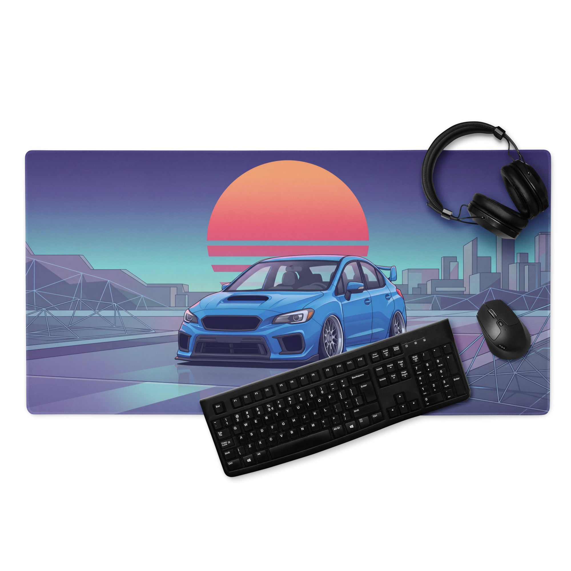 Subaru WRX STI VA Inspired Blue Orange Vaporwave Gaming Mouse Pad, Neon JDM Rally Car Desk Mat with Retro Futuristic City Sunset Artwork