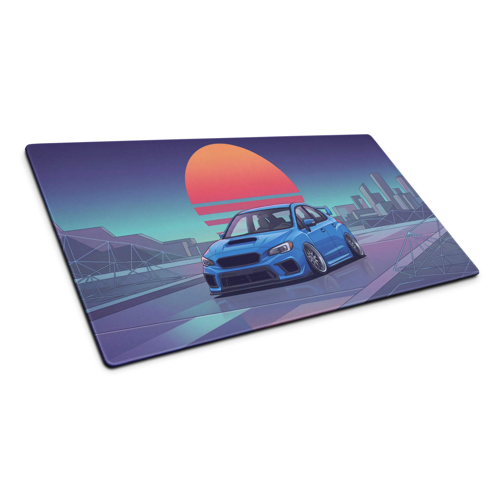 Subaru WRX STI VA Inspired Blue Orange Vaporwave Gaming Mouse Pad, Neon JDM Rally Car Desk Mat with Retro Futuristic City Sunset Artwork
