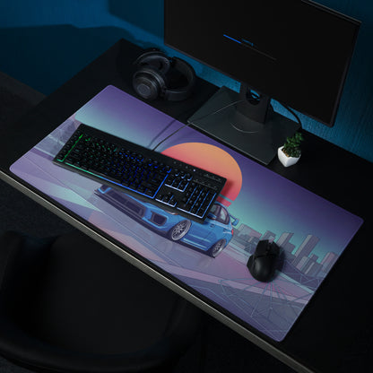 Subaru WRX STI VA Inspired Blue Orange Vaporwave Gaming Mouse Pad, Neon JDM Rally Car Desk Mat with Retro Futuristic City Sunset Artwork