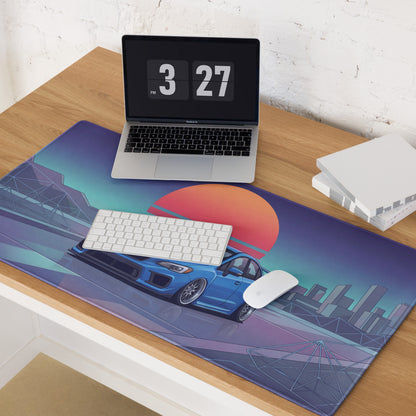 Subaru WRX STI VA Inspired Blue Orange Vaporwave Gaming Mouse Pad, Neon JDM Rally Car Desk Mat with Retro Futuristic City Sunset Artwork