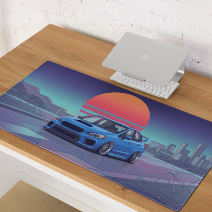 Subaru WRX STI VA Inspired Blue Orange Vaporwave Gaming Mouse Pad, Neon JDM Rally Car Desk Mat with Retro Futuristic City Sunset Artwork