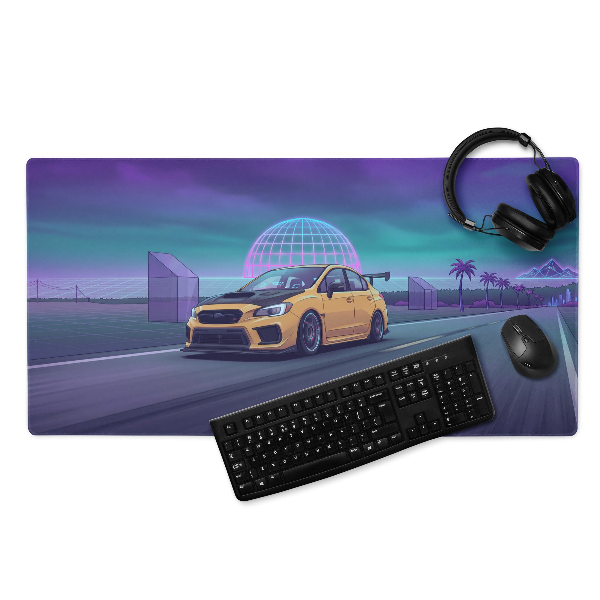 Subaru WRX STI VA Inspired Yellow Purple Vaporwave Gaming Mouse Pad, Neon JDM Rally Car Desk Mat with Retro Futuristic Highway Sunset Artwork