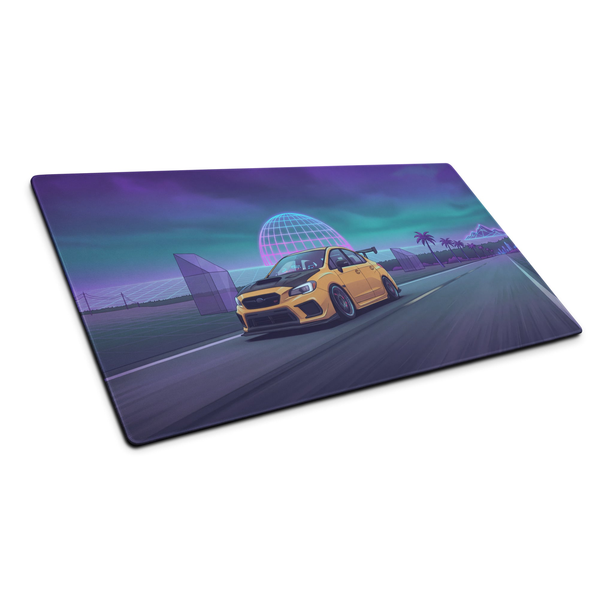 Subaru WRX STI VA Inspired Yellow Purple Vaporwave Gaming Mouse Pad, Neon JDM Rally Car Desk Mat with Retro Futuristic Highway Sunset Artwork