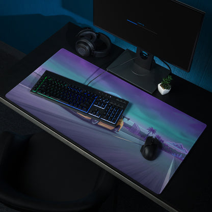 Subaru WRX STI VA Inspired Yellow Purple Vaporwave Gaming Mouse Pad, Neon JDM Rally Car Desk Mat with Retro Futuristic Highway Sunset Artwork